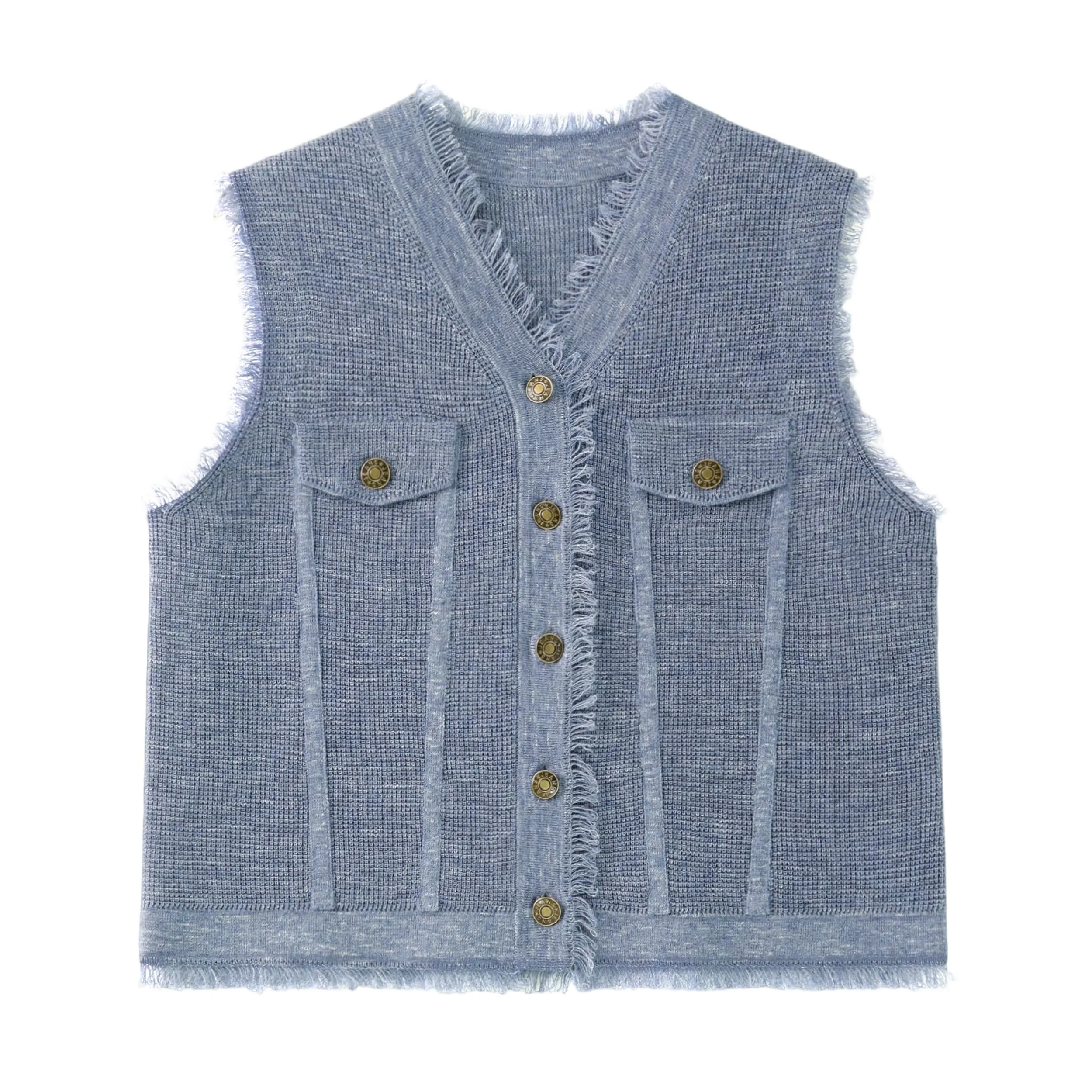 Women Fringe Knit Vest Sleeveless V Neck Button Down Pocket Waistcoat Vintage Blue Textured Knitted Tank Tops Elegant Casual Out