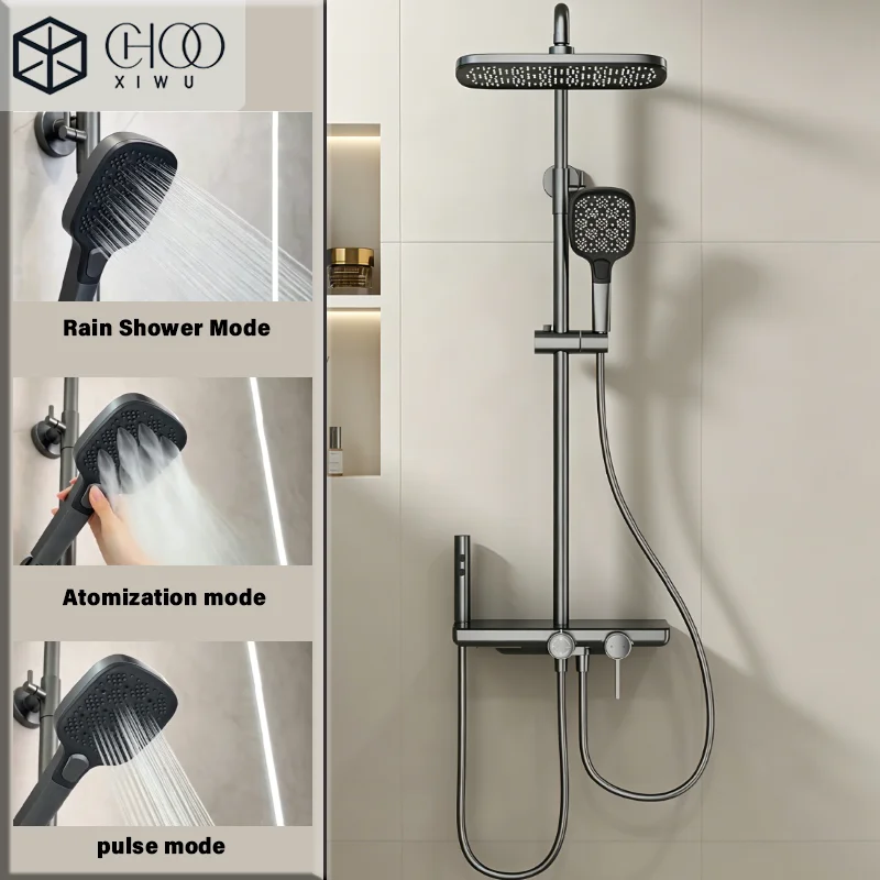 

Gun gray new brass storage rack shower head set knob hot and cold simple installation shower head set multifunctional