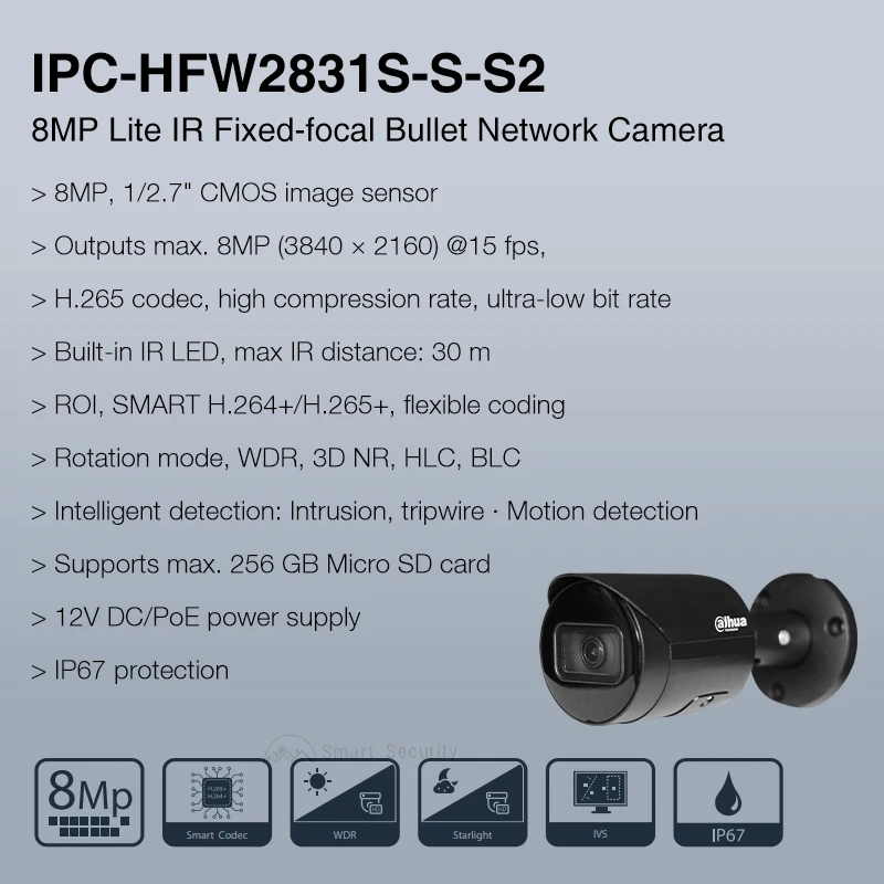 Dahua 4K 8MP Mini Bullet Outdoor Camera Smart Detection Home Security Protection Starlight HD CCTV SD Card PoE IPC-HFW2831S-S-S2