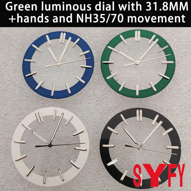 31.8MM Dial Transparent Film Literal Green Luminous Dial and Pointer Accessory Kit Applicable to NH35/70 Movement