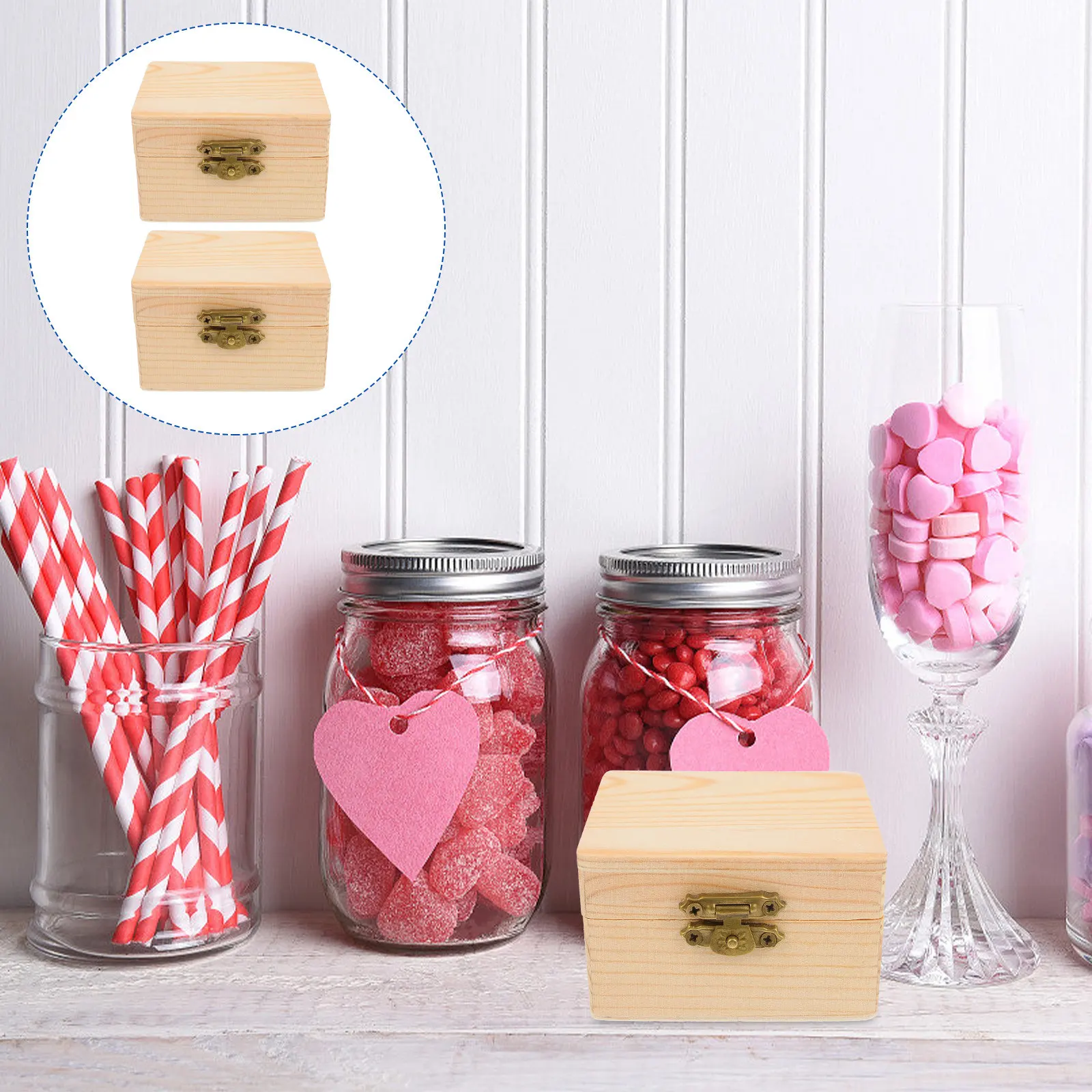 

2Pcs Small Wood Storage Box Decorative Organizer Case Jewelry Candy Container Lid Locking Clasp Wood Packaging Box