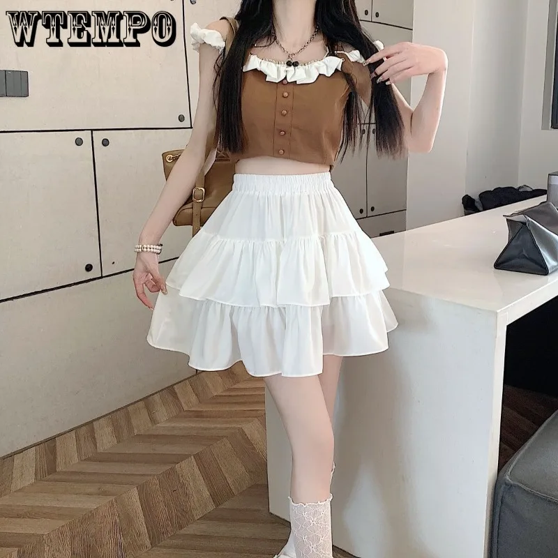 

White Chiffon Pleated Cake Skirt Elastic Waist Built in Shorts Double Layered Ruffled Hem Women's Fluffy Skirt Sweet Cute