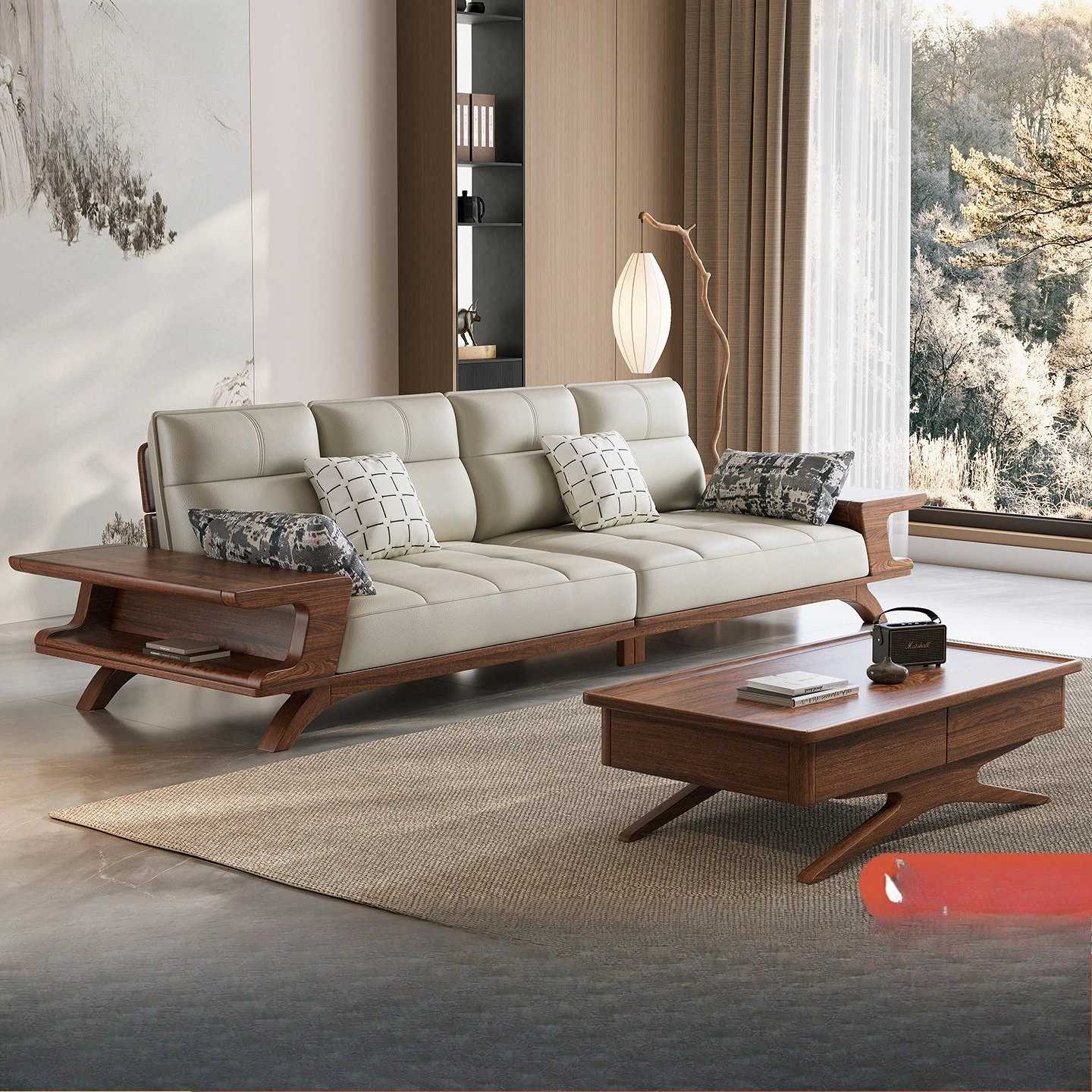 

Song-style aesthetics black walnut solid wood sofa combination living room princess storage small apartment straight row