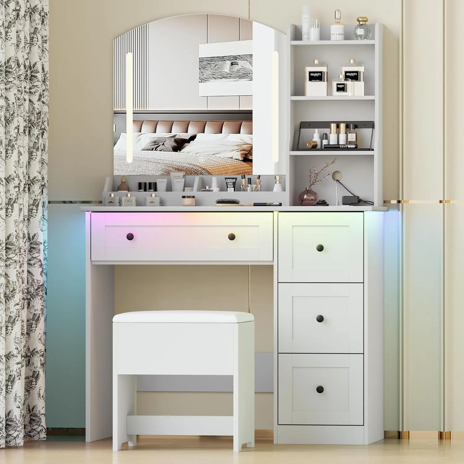 i*-Vanity Desk with Mirror and Lights & Power Outlet, Makeup Vanity Set with Chair & RGB Ambient Light, Girls Vanity, Customized