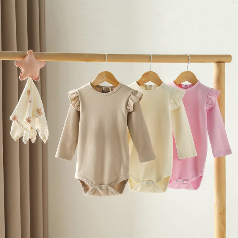 Baby triangle ha pure cotton onesie newborn baby ruffle edge plain long-sleeved climbing suit
