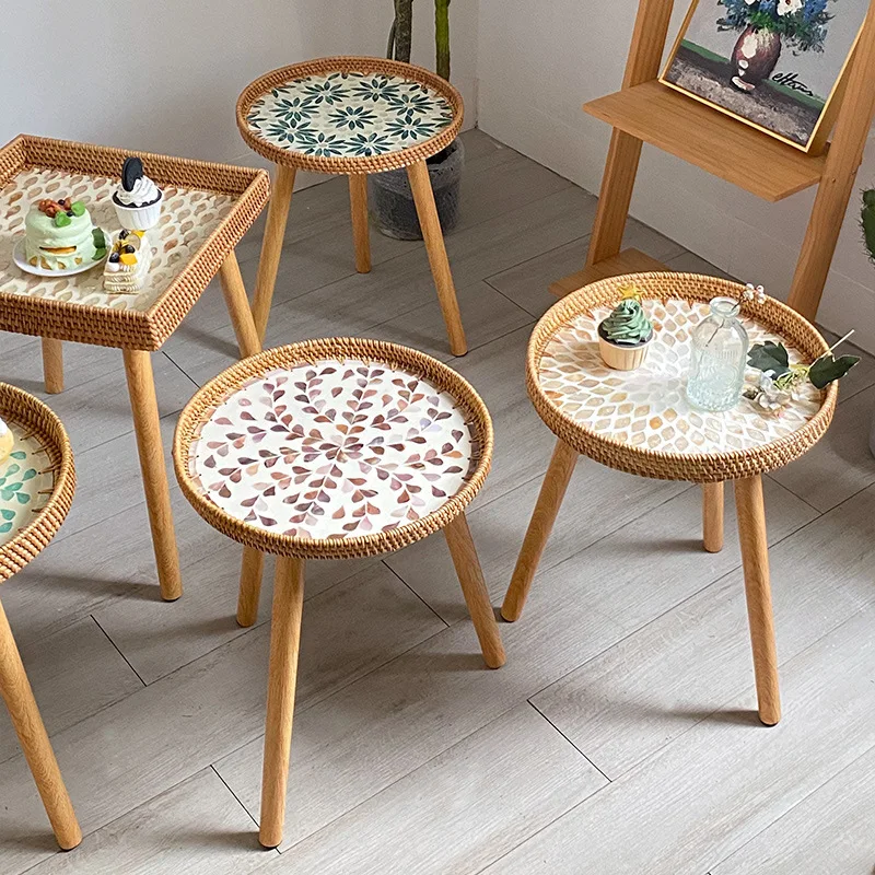Rattan Handwoven Colorful Side Table, Shell-shaped Tray with Legs - Light Luxury Small Nest Table for Living Room, Boho Style