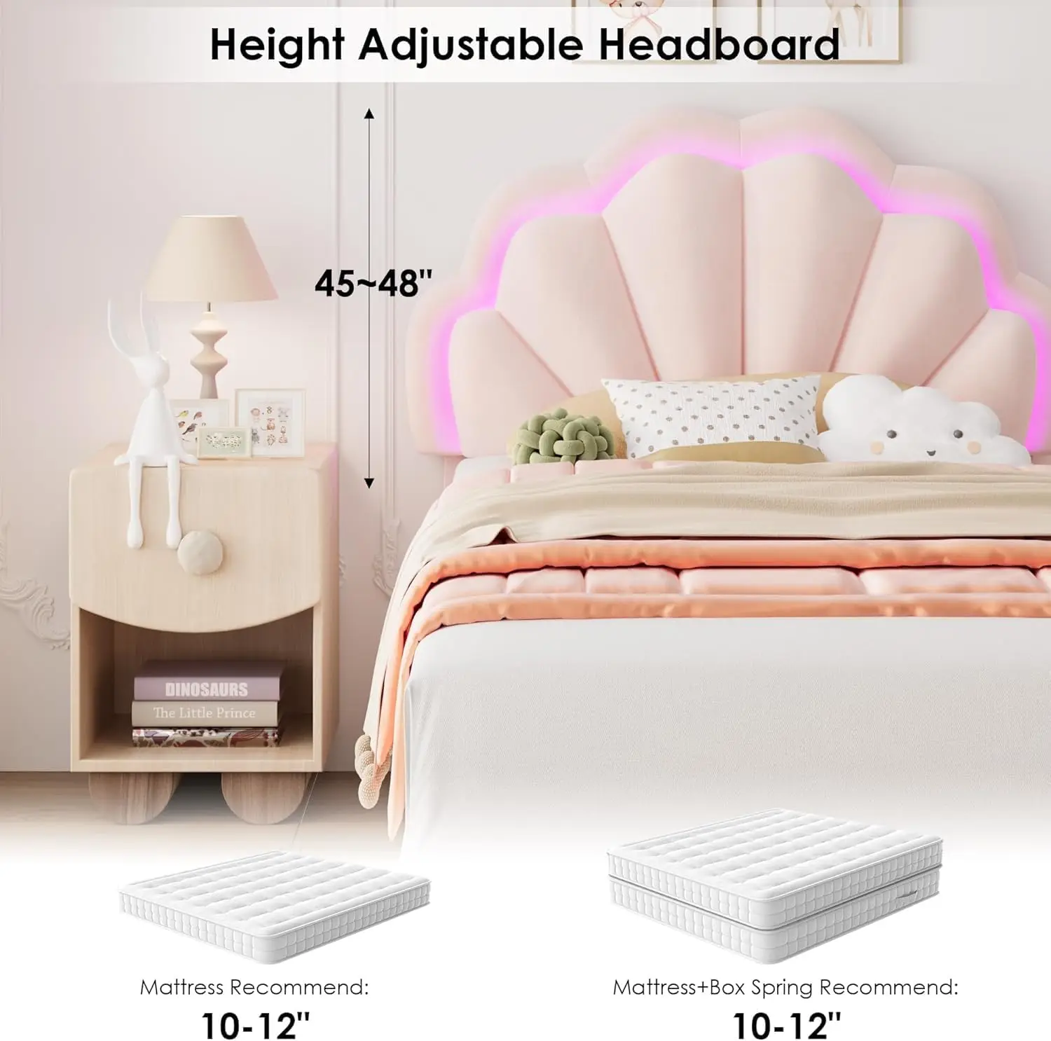 Girls Twin Pink Velvet Upholstered Bed Frame Double Petal LED Headboard Storage Drawers Princess Bed No Box Spring Needed Noise