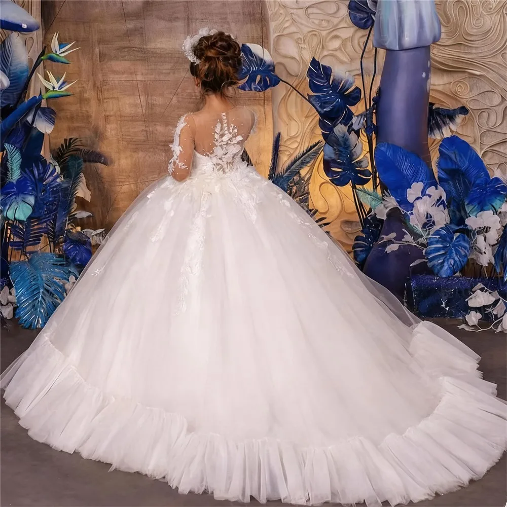 

White Fluffy Elegant Flower Girl Wedding Dress Appliques Floral Girl Birthday Party Dress Kids First Communion Gown Customized