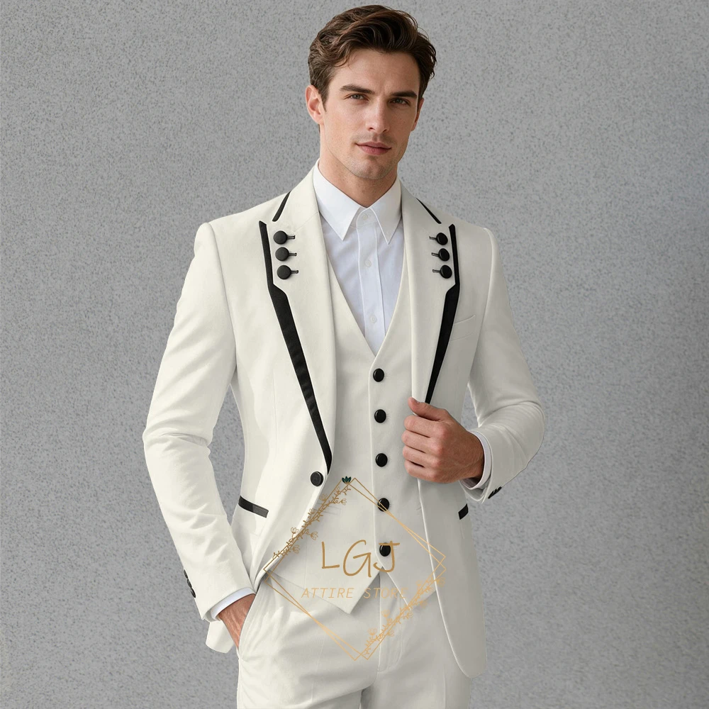 Men’s Custom Three‑Piece Formal Tuxedo, Contrast Black Trim Lapel Design for Wedding Celebrations and Evening Parties