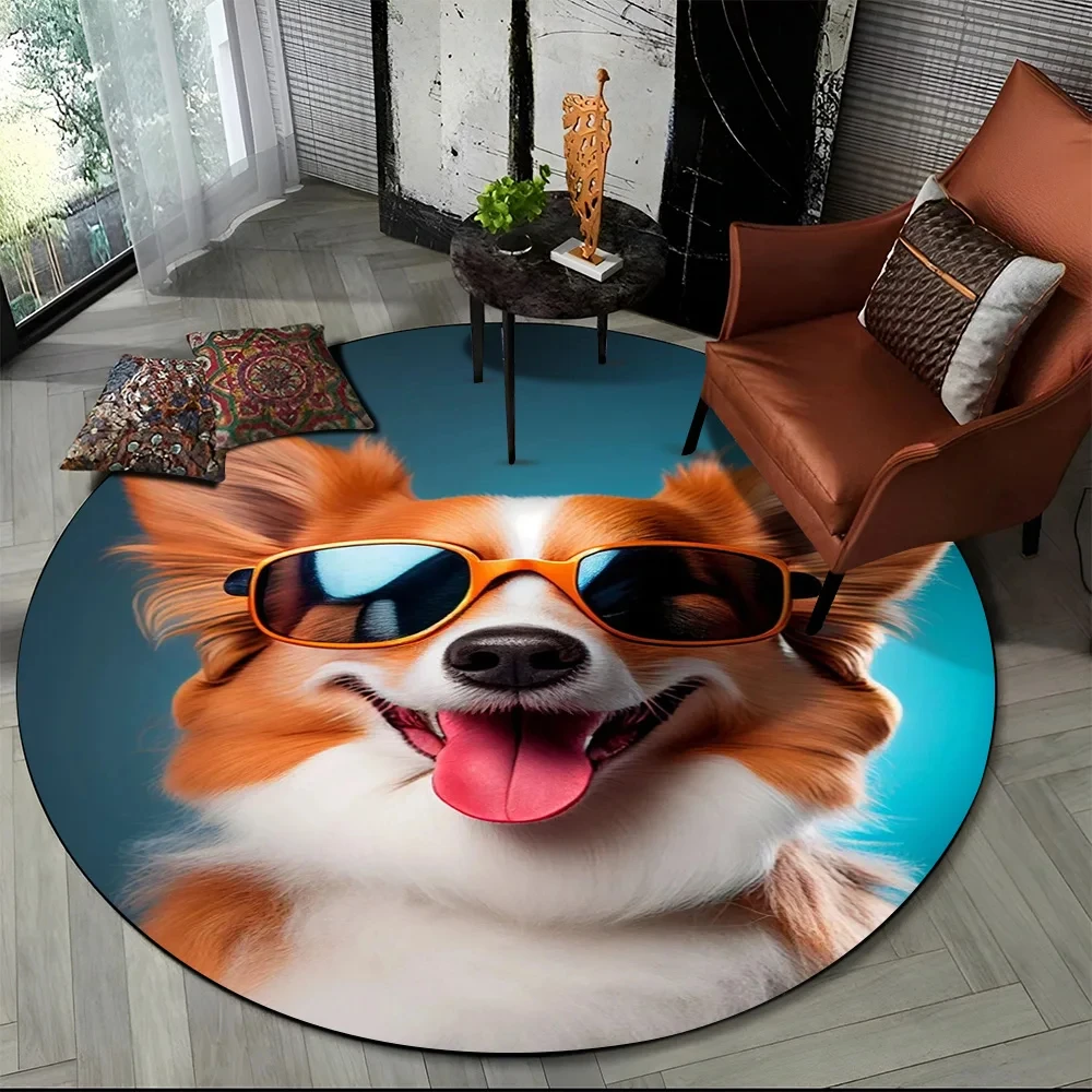 Cute Dog Round Carpet Cartoon Pet Circle Rug for Balcony Living Room Sofa Laundry Room Bedroom Doormat Decor Non-slip Floor Mat