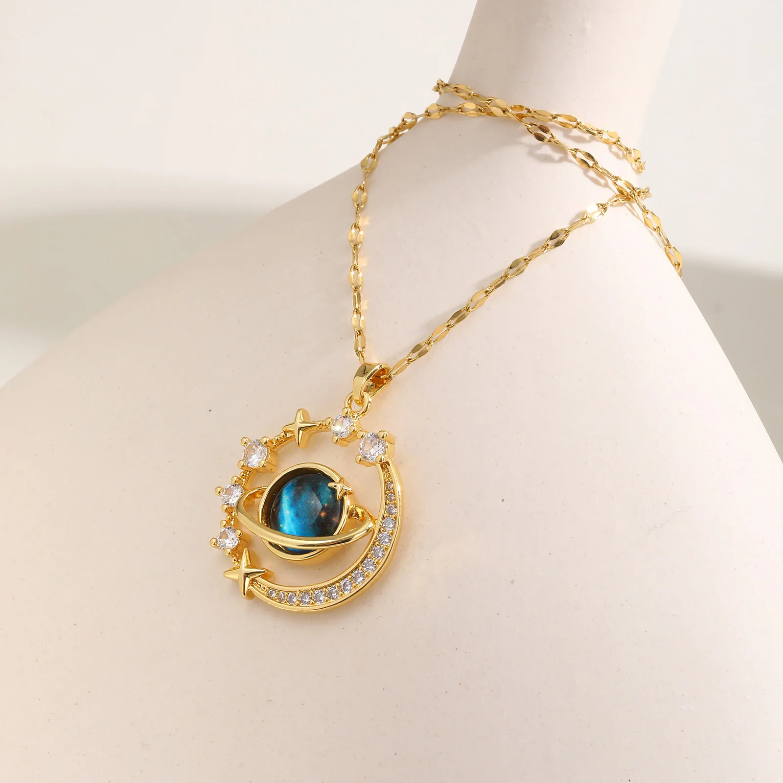 

Zirconia Celestial Pendant Necklace, Gold Plated Exquisite Star Sky Planet Jewelry