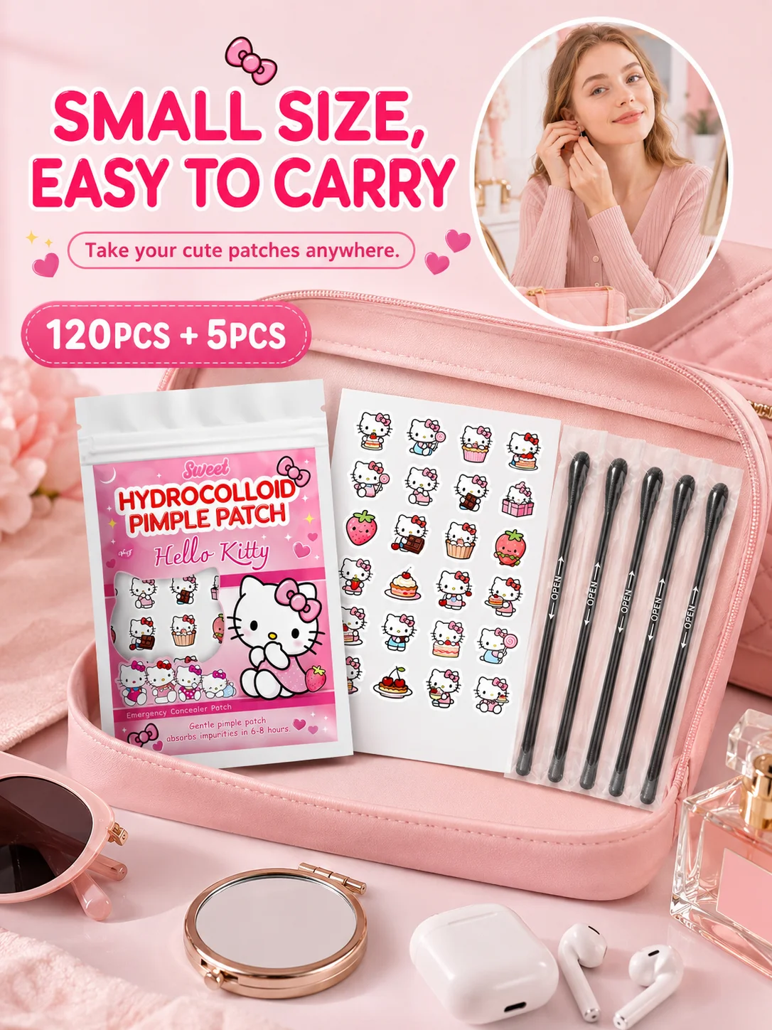 Sanrio Cartoon Acne Patches with Cotton Swabs, 120+5 Pieces, Deep Cleansing and Gentle Care for Pores