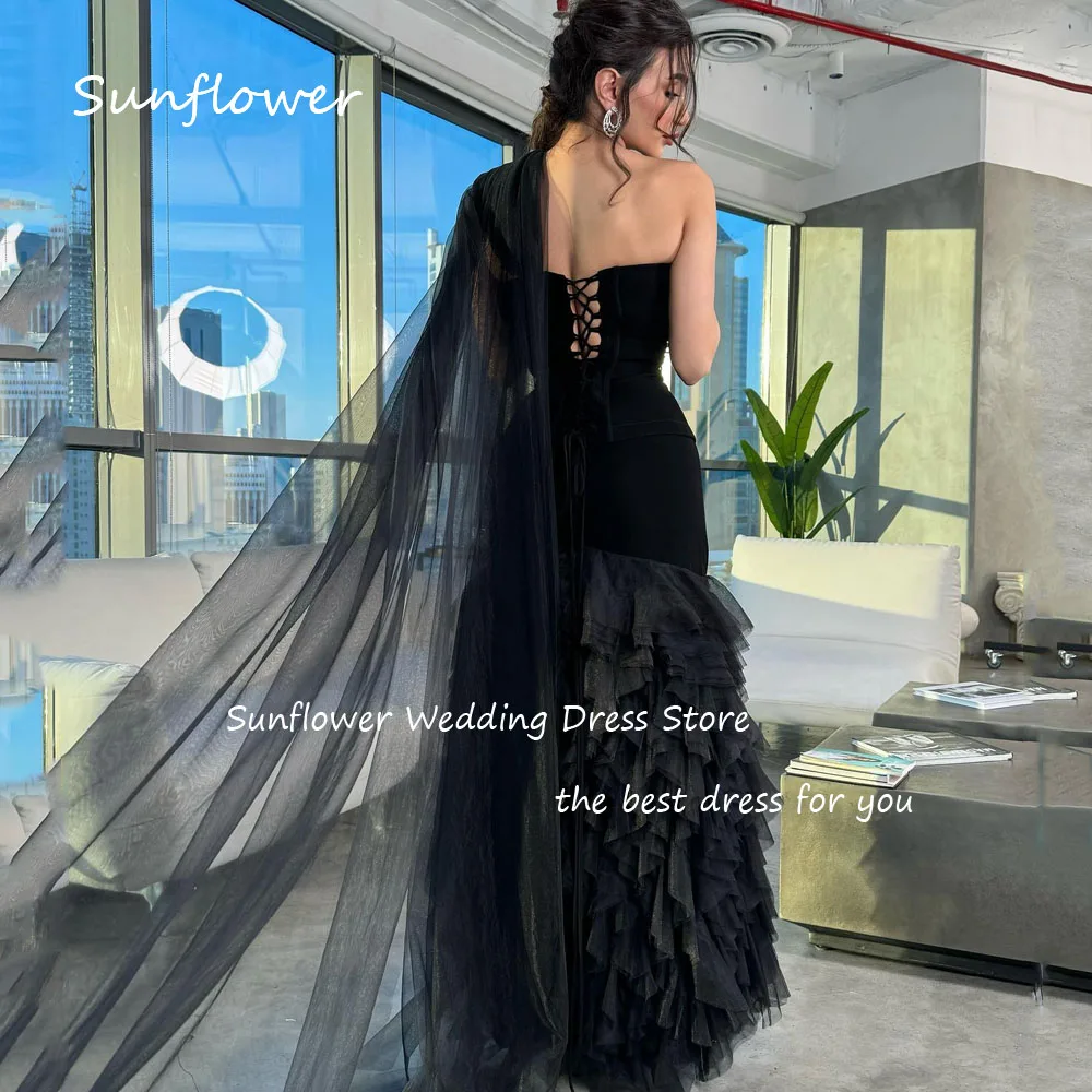 Sunflower Black One-Shoulder Beading A-LINE Formal Evening Dress Saudi Arabia 2024 Slim Tiered Tulle Floor-Length Prom Dress