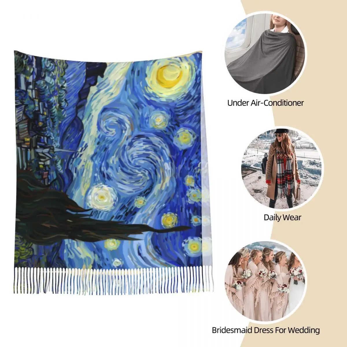 Van Gogh Painting Scarf Womens Winter Cashmere Shawls Wrap Starry Night Art Dutch Long Large Scarves with Tassel Evening Dress