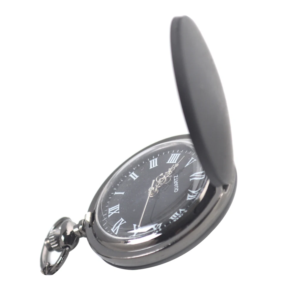 Quartz Pocket Watch Black Frosted Compact Lightweight Portable Retro Vintage Watch Chain Included for Men Women