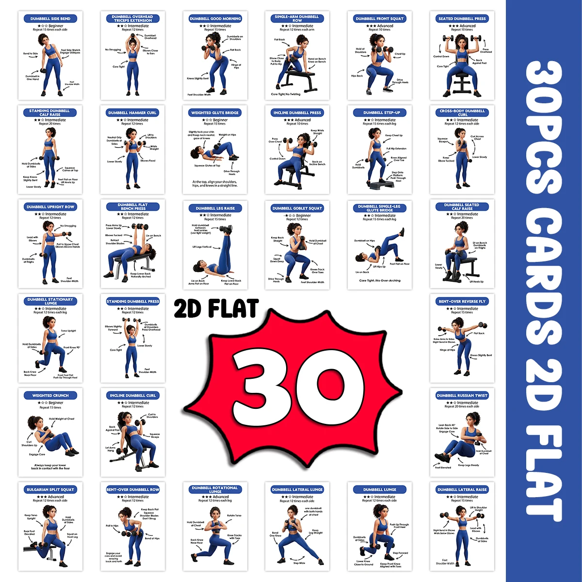 30 Stück Hantel-Fitness-Anleitungskarten, Schritt-/Repetitionsanleitung, tragbare Übungskarten für das Heimtraining, Geschenk für Fitness-Enthusiasten