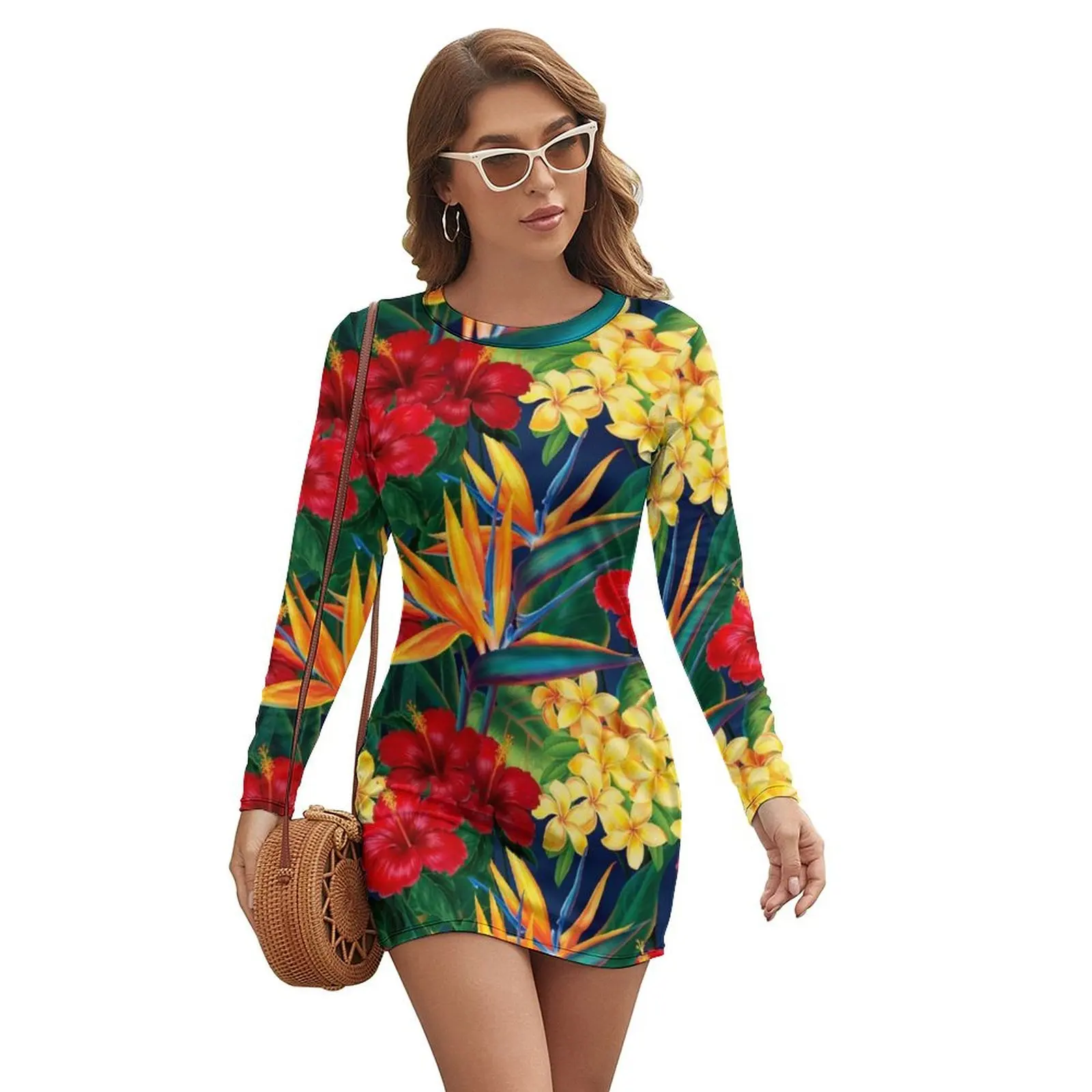 

Tropical Paradise Hawaiian Birds of Paradise Illustration Long-sleeved Dress Women's summer skirt Beachwear