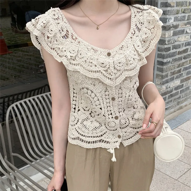 Floral Hollow Out Sleeveless Button Up Lace Blouse Women Summer Fashion Ladies Cute Back To The Basics Tops Female Dropshipping