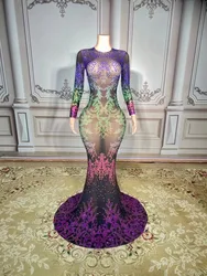 Sparkly Diamond Ladies Gradent Color Floor-Length Dress Sexy See Through Bodycon Evening Party Dress Singer Show Stage Costume