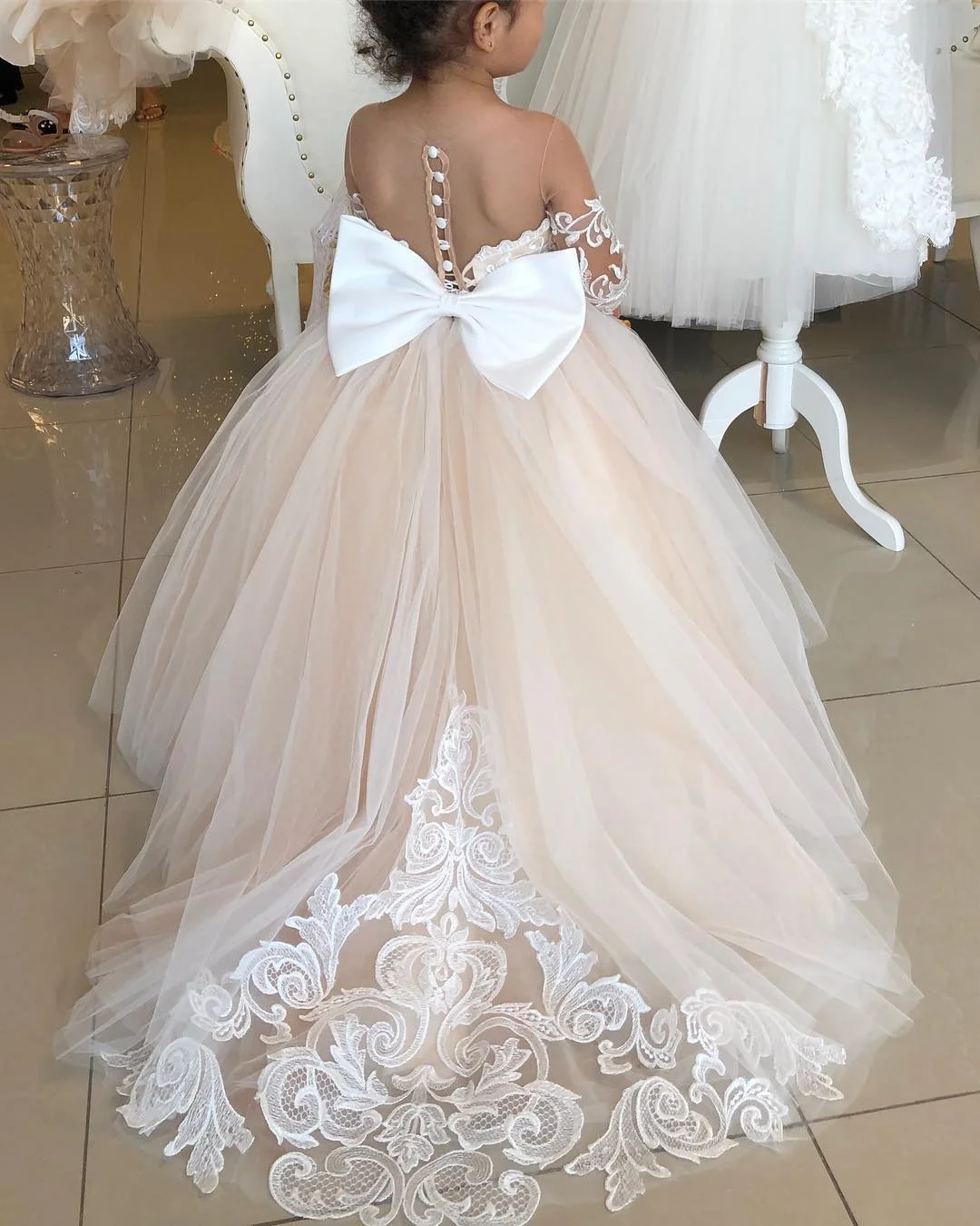 MisShow New Bow Lace Ball Gown Flower Girl Dresses For Wedding Sweet Long Sleeve Soft Tulle Girls Princess Communion Dresses