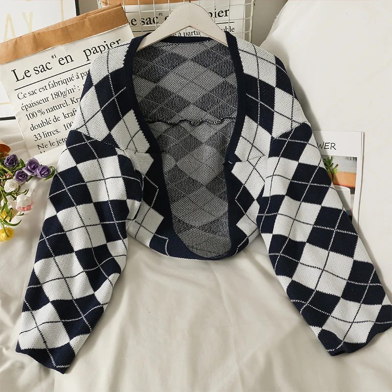 

Cardigan Women Open Stitch Argyle Spring Autumn Design Lazy Style Cozy Feminine Tender Temperament Chic Schoolgirls Trendy Ins