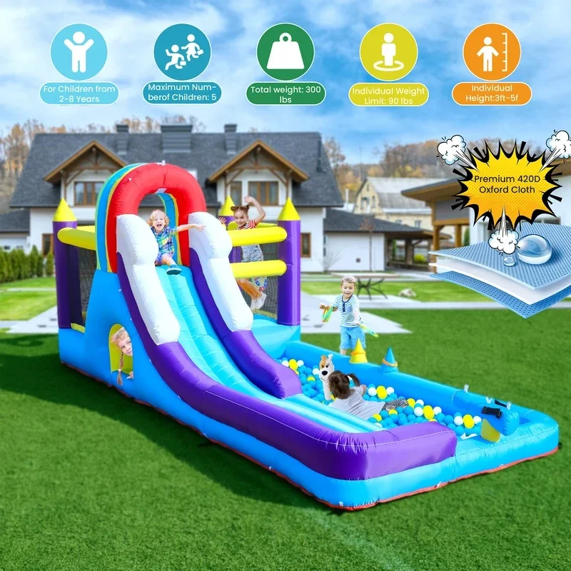 Inflatable Bounce House Castle With Slide Ball Pit Rainbow Arch Outdoor Backyard Summer Party Play Toy Wedding Birthday Backyard