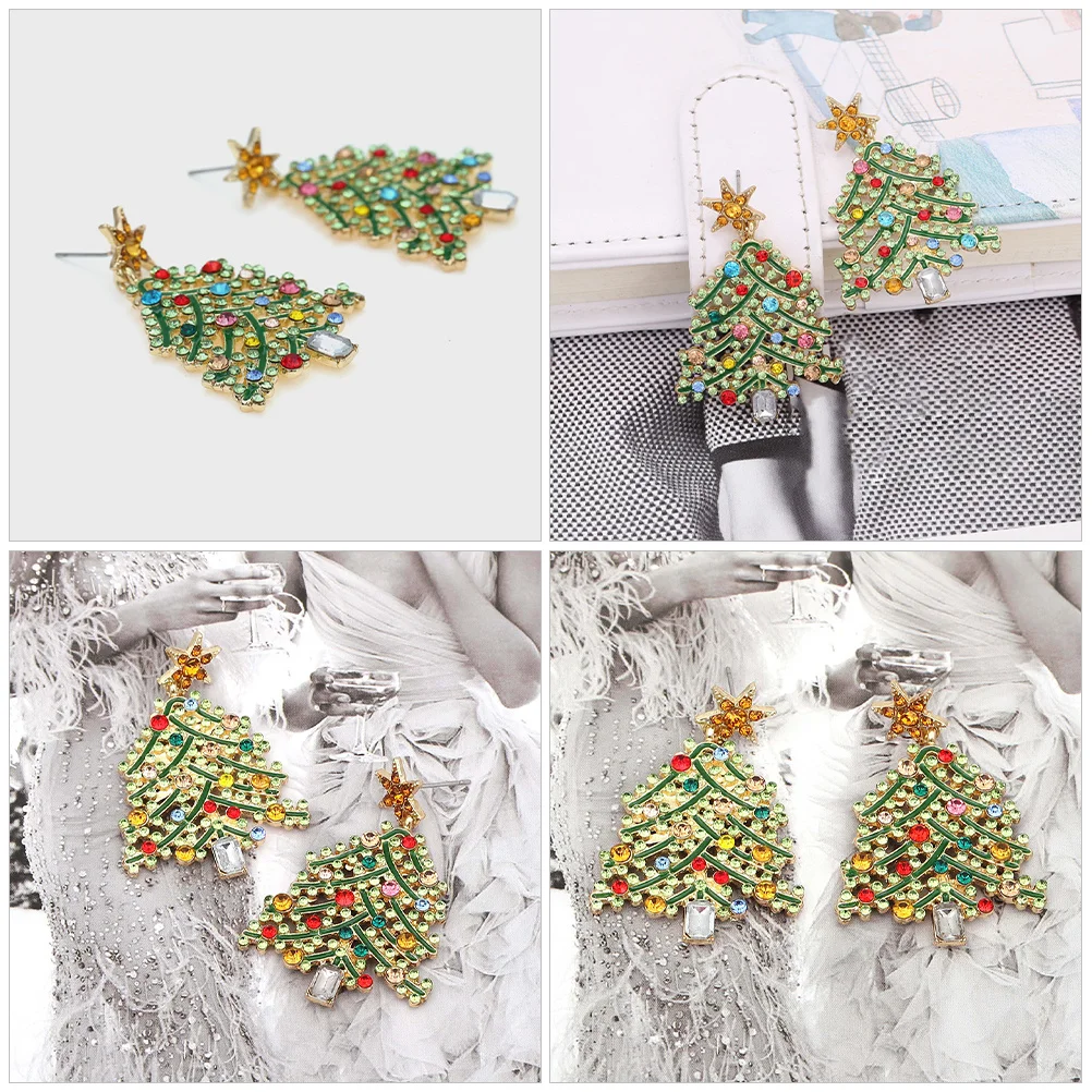 

1Pair Hollow Rhinestone Xmas Tree Earrings Creative Design Festive Statement Stud Earrings for Women Holiday Season