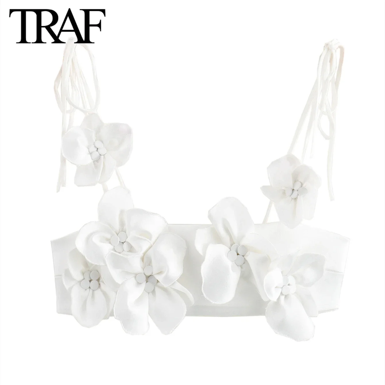 TRAF Women Fashion Summer New White Handmade Flower Decoration Top Blouse Street Clothing Vest Tank Chic Ladies Crop Tops Mujer