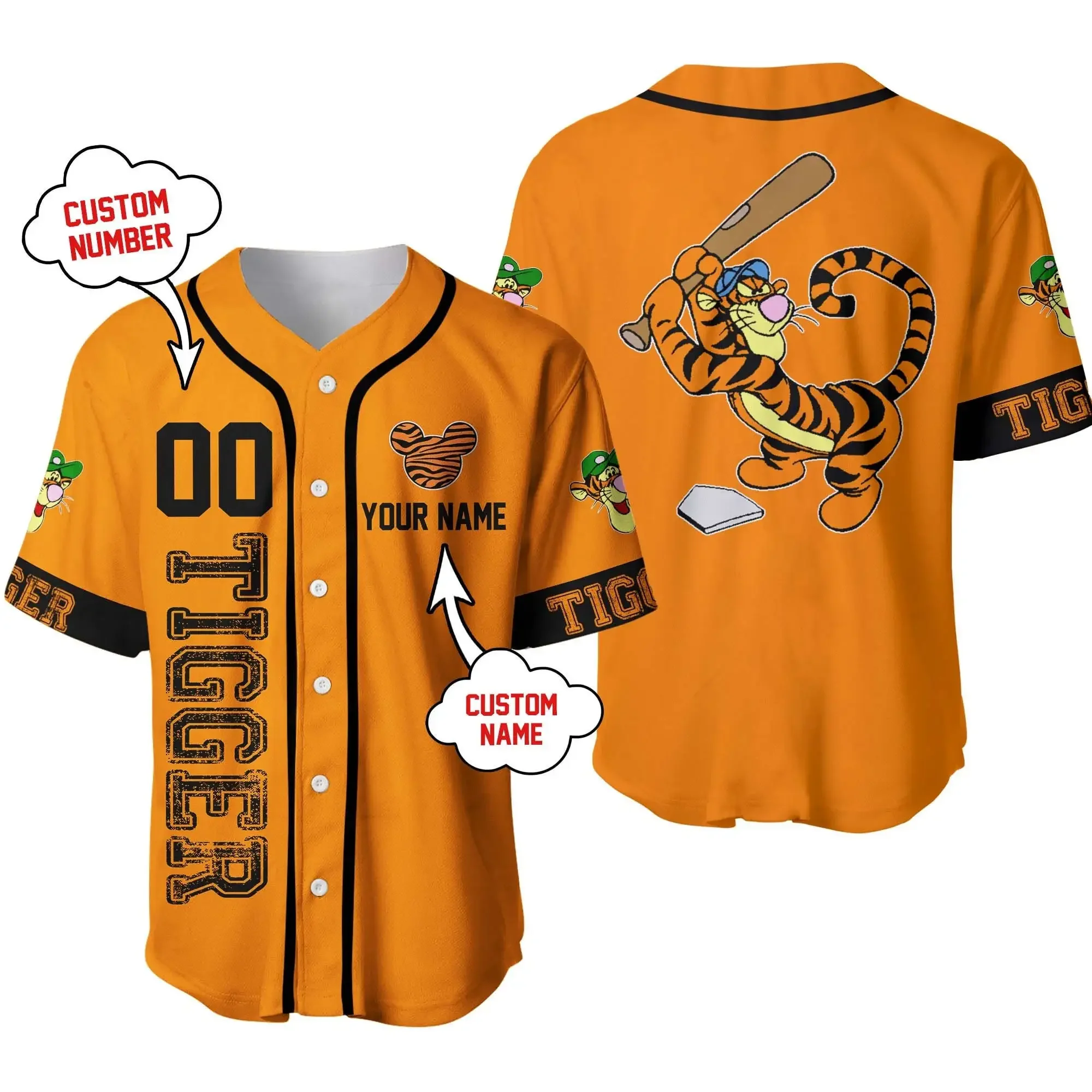 Disney Winnie the Pooh Tigger Baseball Jersey Casual Mens Women Button Up Short Sleeve Jersey Disney Baseball Jersey Fashion Top