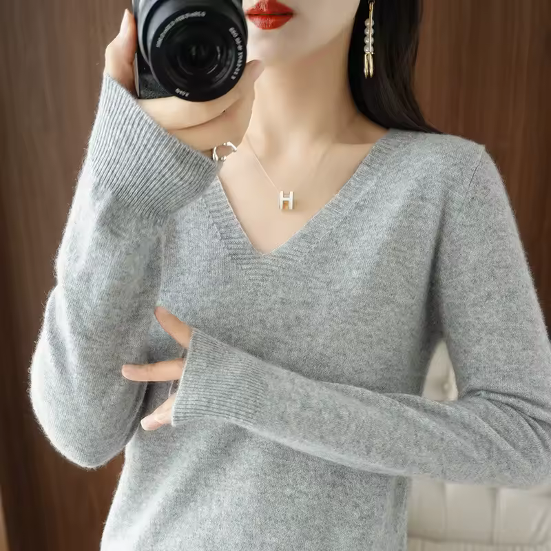 New Cashmere Women's V-neck Pullover Lace Neck Hollow Out Design Casual Knitted Long Sleeve Women's Sweater Autumn And Winter - Image 12