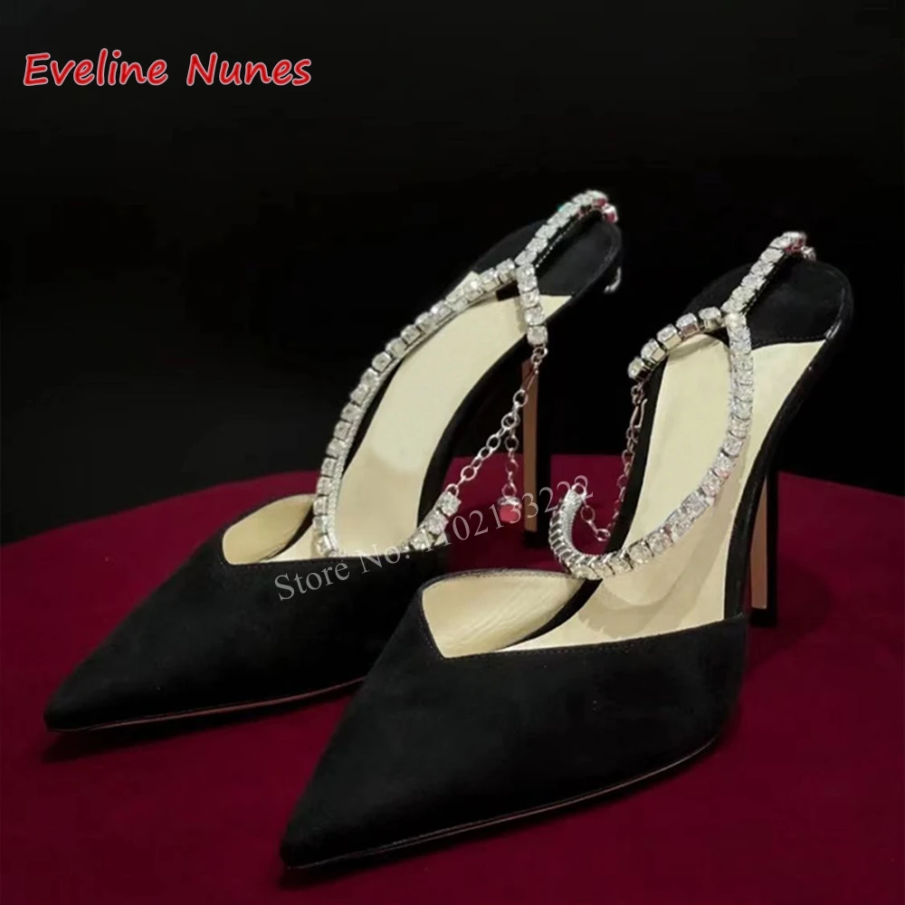 Black Crystal Chain Pumps 2024 Women's Suede Stiletto Heel Pointed Toe Fashion Elegant Summer Plus Size Rhinestones Shoes