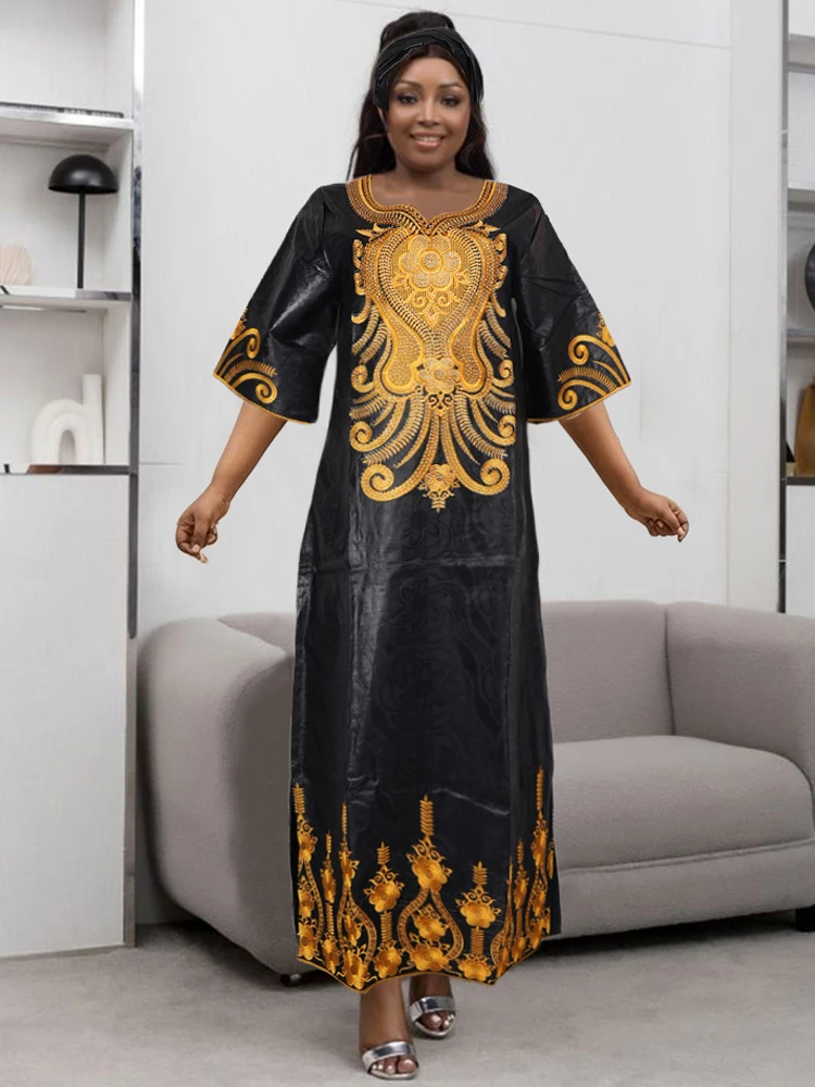 African Women Traditional Bazin Dresses Elegant Wedding Party Evening Gown Plus Size Maxi Robe Dashiki Print Embroidery Clothing