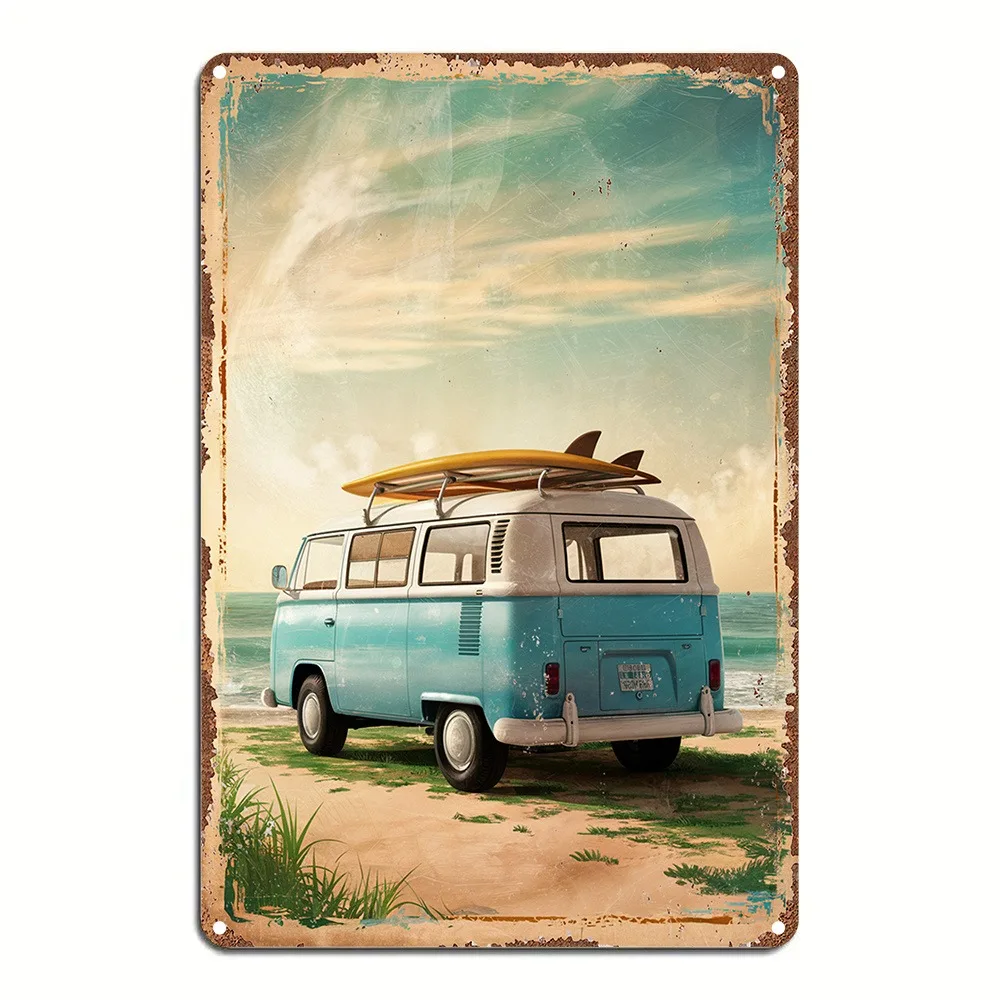 Peinture sur métal 2D, plaque décorative vintage en métal HD, motif VW Bus, planche de surf, art mural de plage, décoration côtière rétro pour la maison, le garage, le bar