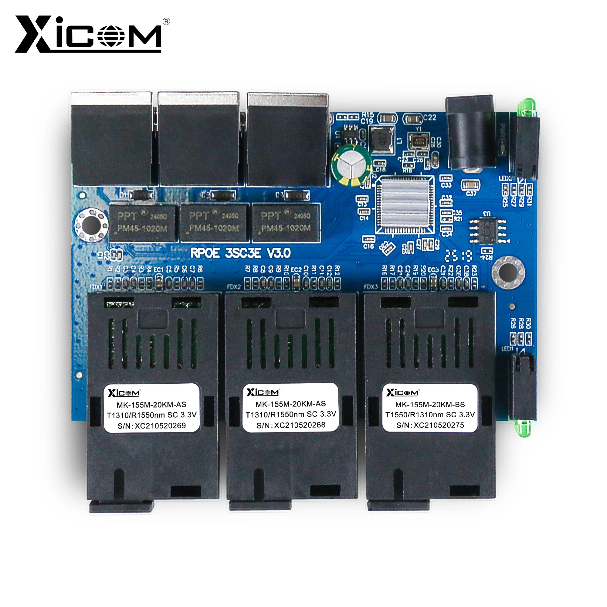 Xicom 3F3E Fiber Optic Media Converter 25KM 3 SC Optic 3 RJ45 Fiber Metro Board 100Mbps PCBA Board for Camera/CCTV/Switch