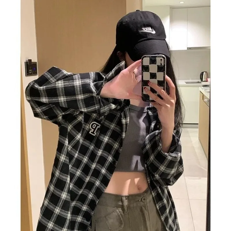 QWEEK Vintage Korean Style Women Plaid Shirt Casual Youth Basic Oversized Blouses Long Sleeve Fashion Button Up Harajuku Clothes