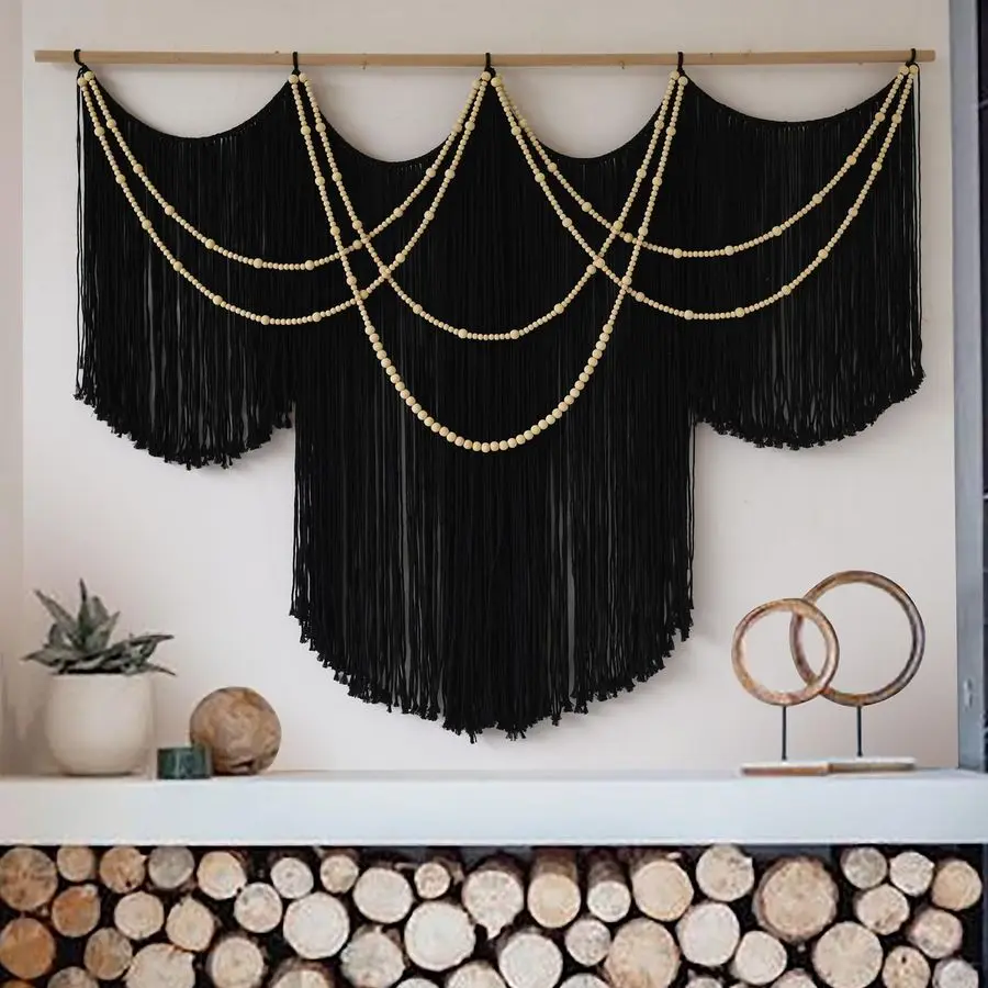 

Macrame Wall Hanging Black Yarn Tapestry Home Decor Large Fiber Wall Art Living Room Bedroom Home Wall Decor 57 W x 43 L