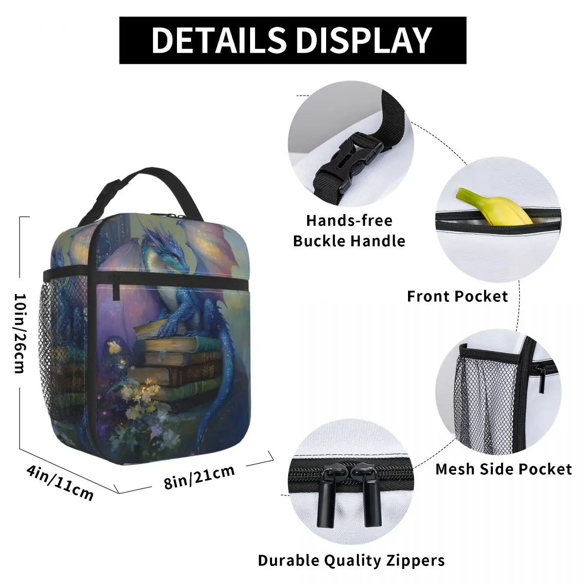 Book And Sleeping Dragon Insulated Lunch Bag for Kids School Cooler Thermal Food Box Tote Portable Lunch Boxes Container