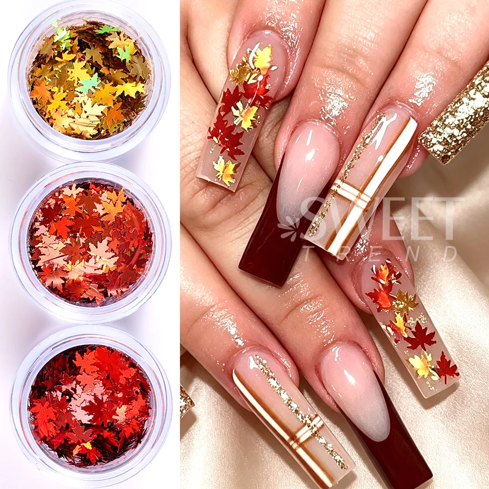 SWEET TREND-3 Boxes Autumn Maple Leaf Nail Art Glitter Sequins Fall Maple Leaf Paillettes Nail Flakes Charm Manicure Decoration
