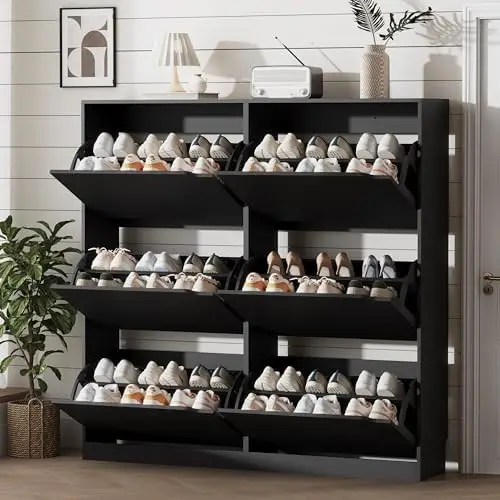 Shoe Storage Cabinet for Entryway with 6 Flip Drawers, Sturdy Wood Hidden Shoe Storage, Freestanding Narrow Slim Shoe