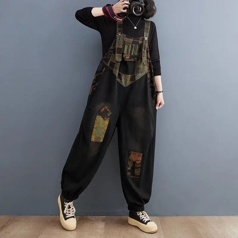 Oversized Washed Printed Jeans For Autumn 2023 Women\'s Casual Fashion Versatile Artistic Color Matching Denim Jumpsuit Z3621