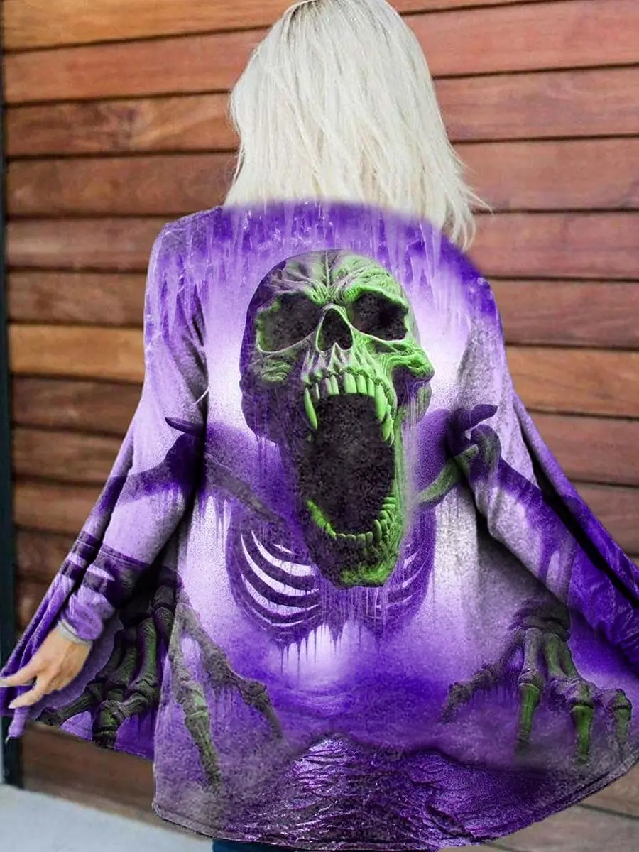 Halloween Women's 3D Print horror Skulls Long Sleeve Cardigan, Polyester Open Front, Lightweight Cover Up,Autumn Casual Coat