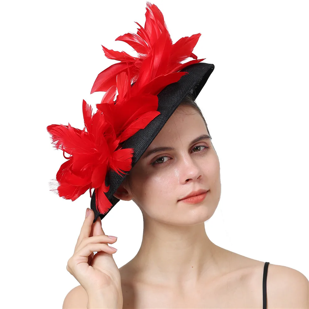 

Red Wedding Fascinators With Feather Flower Hat Event Millinery Hair Accessories Cocktail Derby Vacation Chapeau Caps Hat