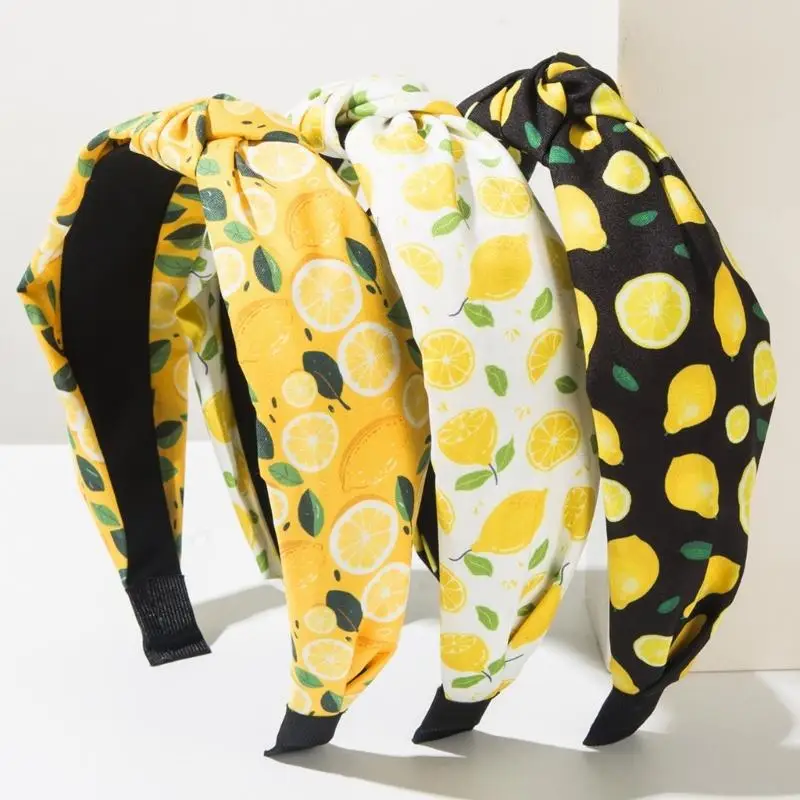 

39BB Cheerful Fruit Patterned Fabric Hairband for Women and Girl Knotted Hairhoop Wide Headband Travel Hair Styling Accessory