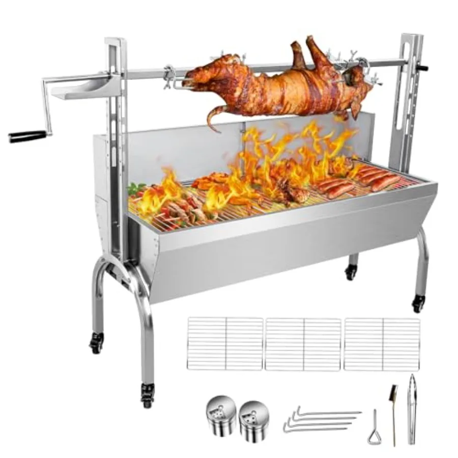 

Camping Outdoor BBQ Rotisserie Grill with Back Cover Guard, Stainless Steel, Silver, 25W Motor, 48.7 Inch Charcoal Roaster for