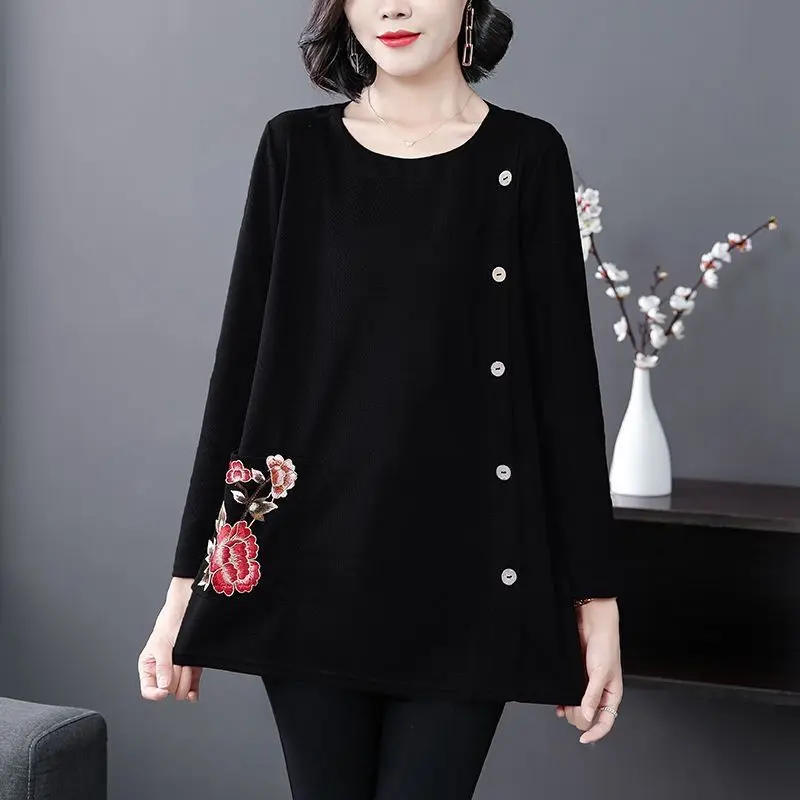 Women's Autumn and Winter Fashion Commuting Solid Round Neck Pullover Embroidered Pocket Panel Loose Long Sleeve T-shirt Tops