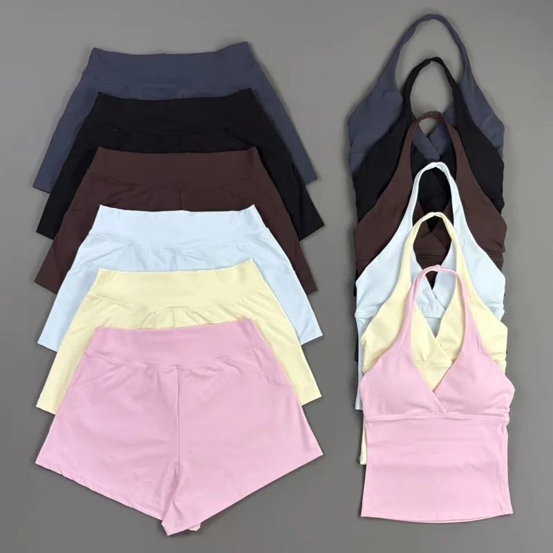 Sports Fitness Set Women Origin Halter Top Training Shorts Outfit Soft Vest Tummy Control Yoga Pants Suit Running Workout Sets