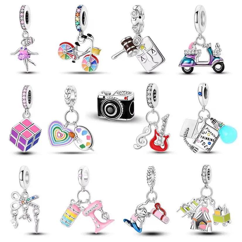 Silver Plated Camera Charms Colorful Palette Beads Pendants Fit Original Bangle Music Guitar Bracelets For Woman Jewelry Gift