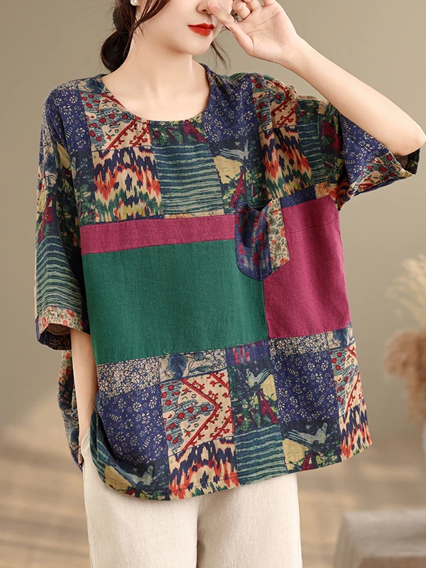 Retro Cotton Linen Ethnic Print T-Shirt Loose plus Size Batwing Sleeve Slimming Top Women's Fashion Summer Commute Wear
