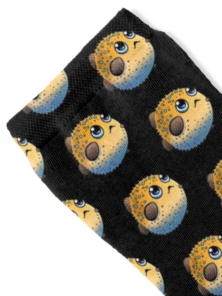 Cute Japanese fugu cartoon ~ Globefish ~ Balloonfish ~ Balloon fish Puffer fish Black background Socks