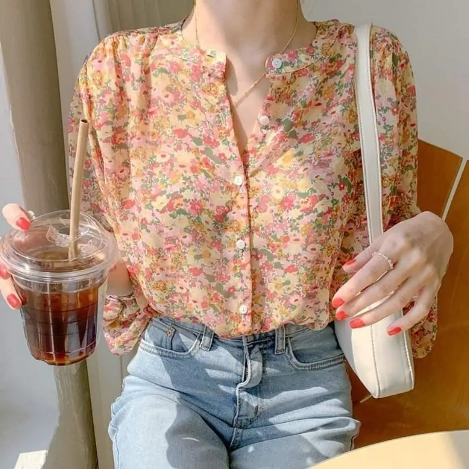 Summer Woman Clothes Casual Korean Fashion Style Loose Floral Sweet Long Sleeve Youth Lively V-neck Elegant Chic Chiffon Trend